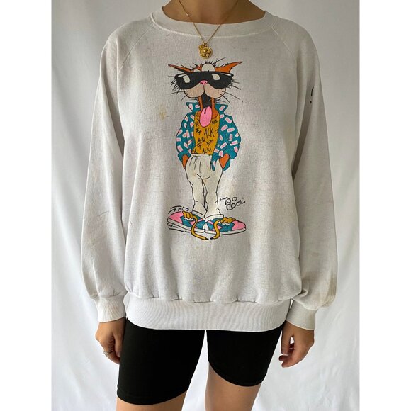 80s vintage COOL CAT graphic thrashed distressed faded cotton pullover sweater - Picture 4 of 10